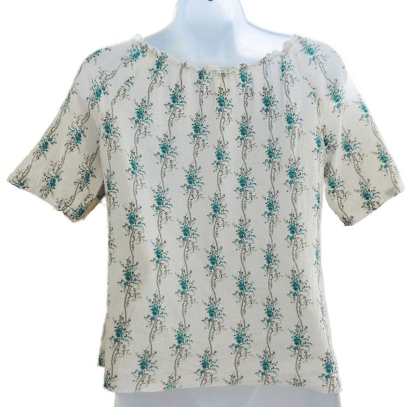 Vintage Floral Cotton Gauze Top White Blue Elastic Ruffle Neckline Short Sleeve - Picture 4 of 6